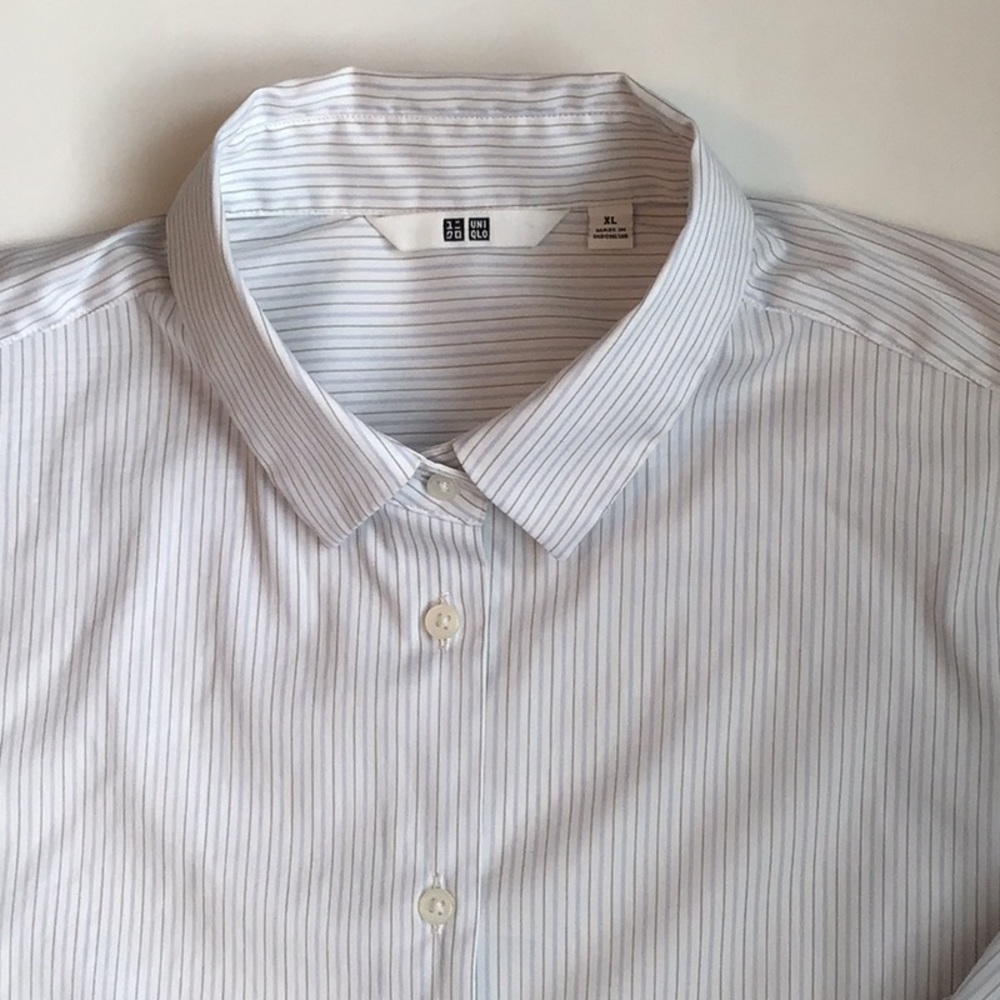Uniqlo Women's White Button-Up Shirt with Thin Blue Stripes